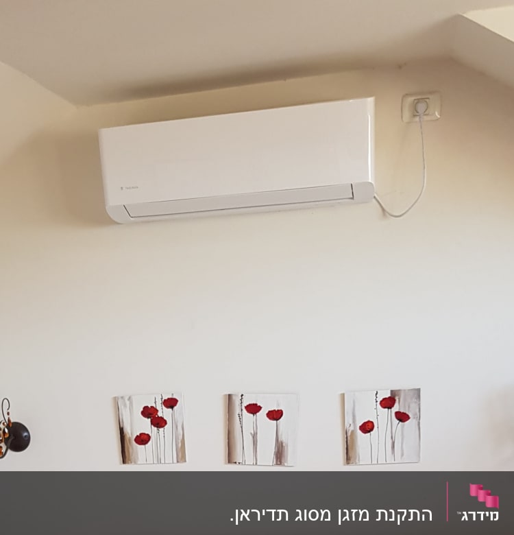 מזגן לבן מותקן על קיר עם חוט חשמל